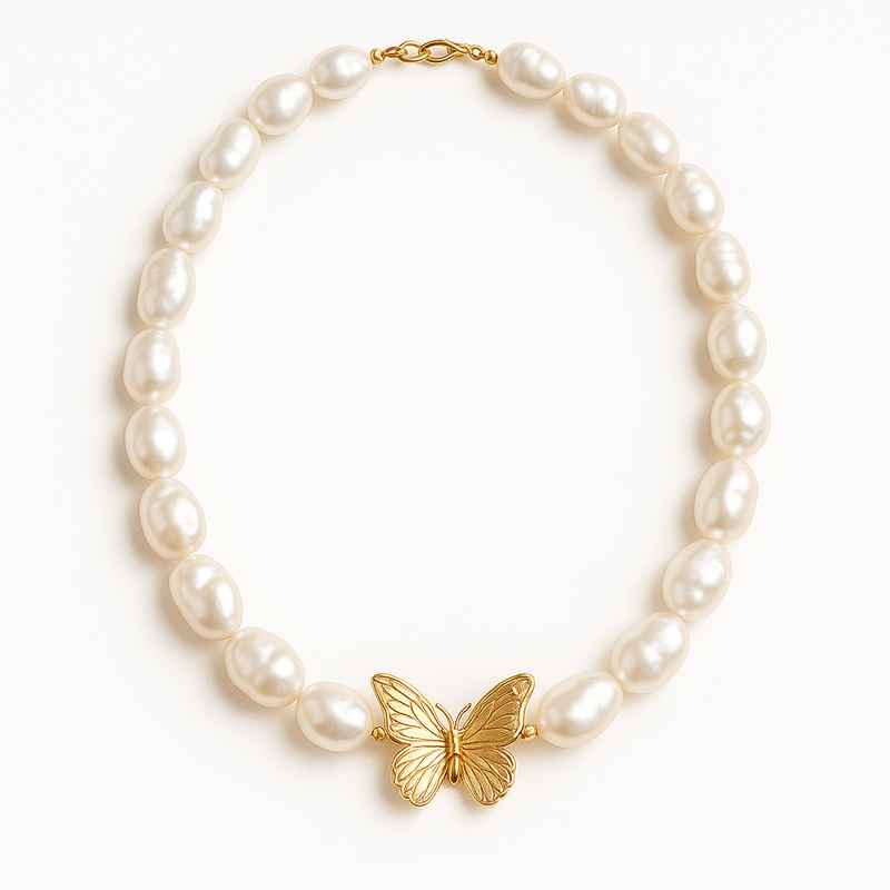 Sustainable Baroque Pearl Necklace with Butterfly Accent Gold Plated 14k Layering Necklace 1 Sustainable Baroque Pearl Necklace with Butterfly Accent Gold Plated 14k Layering Necklace