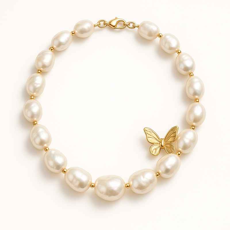 Sustainable Baroque Pearl Necklace with Butterfly Accent Gold Necklace 2 Sustainable Baroque Pearl Necklace with Butterfly Accent Gold Necklace