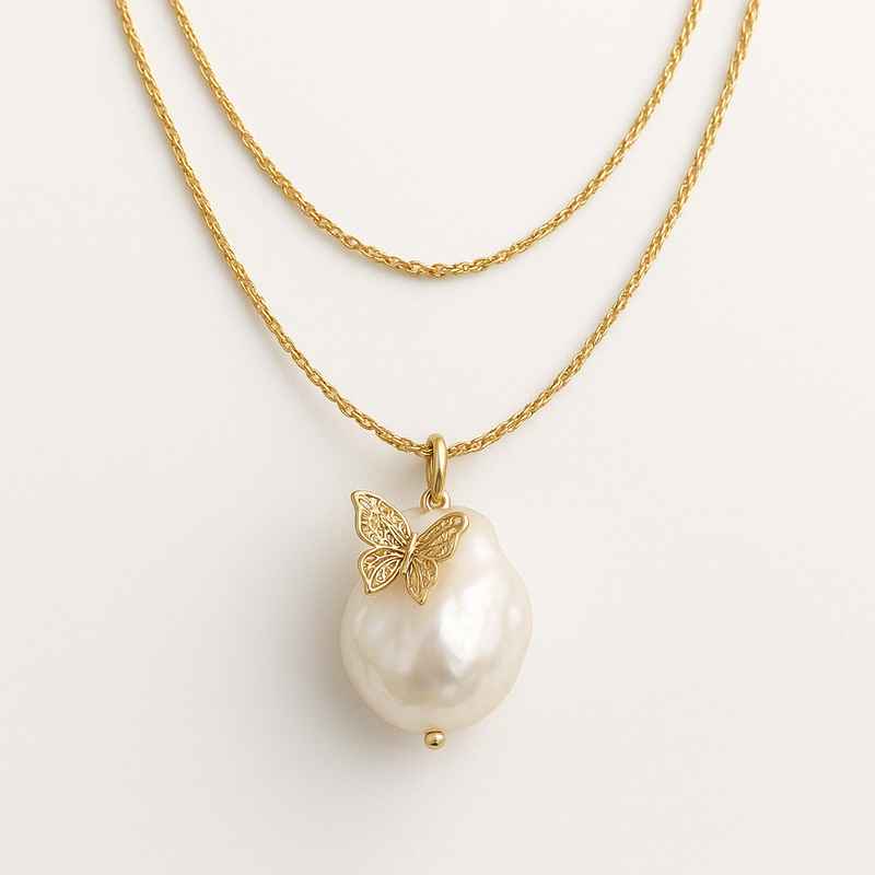Sustainable Baroque Pearl Necklace with Butterfly Accent 14k Gold 2 Sustainable Baroque Pearl Necklace with Butterfly Accent 14k Gold
