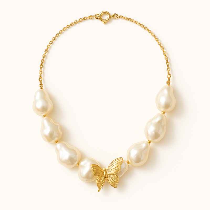 Sustainable Baroque Pearl Necklace with Butterfly Accent Gold Necklace 2 Sustainable Baroque Pearl Necklace with Butterfly Accent Gold Necklace