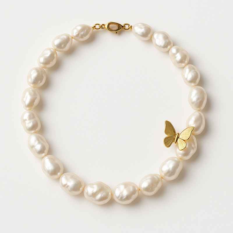 Sustainable Baroque Pearl Necklace with 14k Gold Plated Butterfly Accent 2 Sustainable Baroque Pearl Necklace with 14k Gold Plated Butterfly Accent