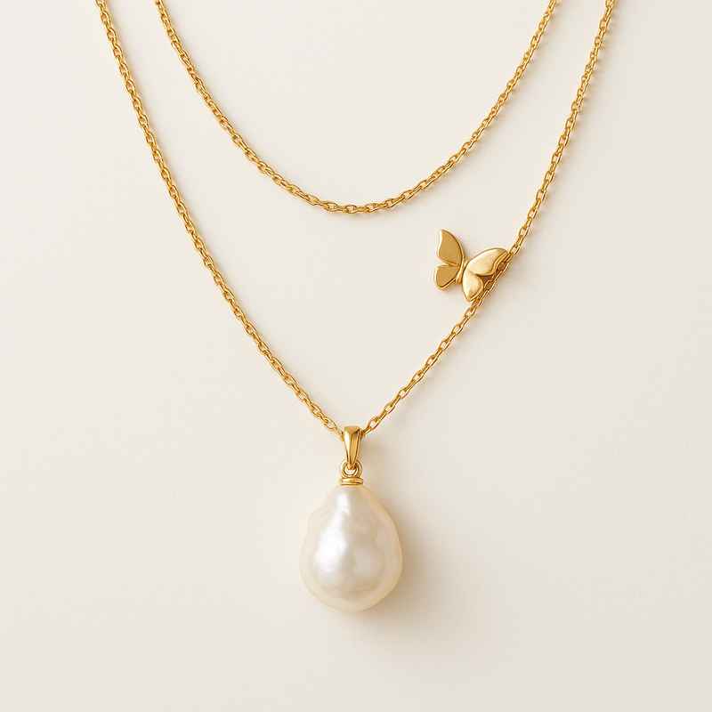 Sustainable Baroque Pearl Butterfly Necklace 14K Gold Plated Layering 1 Sustainable Baroque Pearl Butterfly Necklace 14K Gold Plated Layering