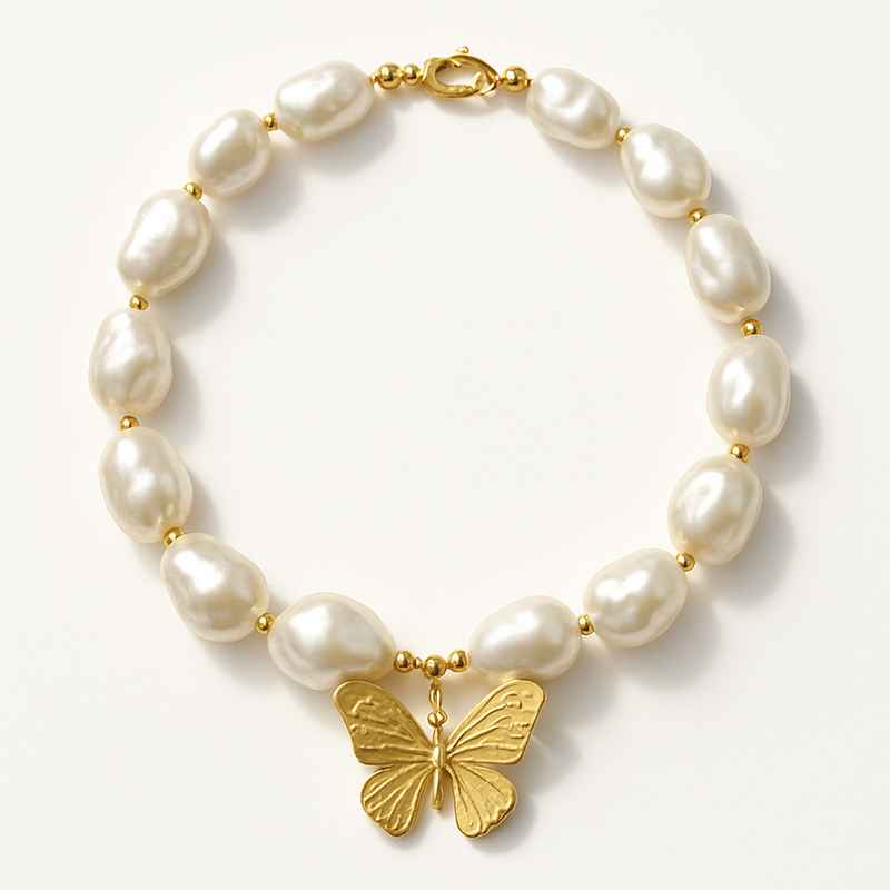 Sustainable Baroque Pearl Necklace with Butterfly Accent Gold Necklace 1 Sustainable Baroque Pearl Necklace with Butterfly Accent Gold Necklace