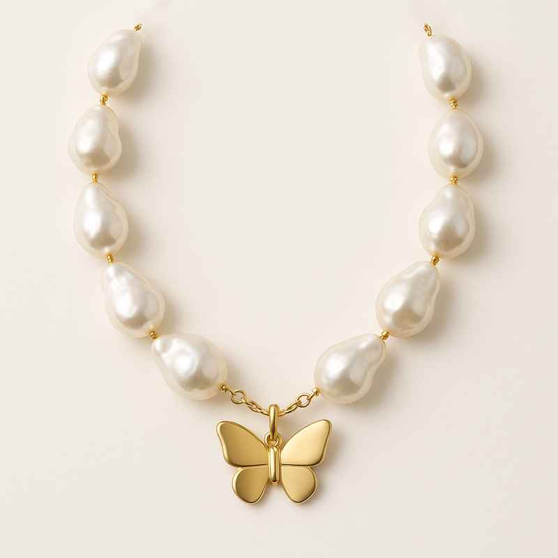Sustainable Baroque Pearl Necklace with Butterfly Accent Gold Necklace 2 Sustainable Baroque Pearl Necklace with Butterfly Accent Gold Necklace