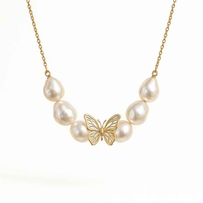 Sustainable Baroque Pearl Necklace with Butterfly Accent Gold Necklace 2 Sustainable Baroque Pearl Necklace with Butterfly Accent Gold Necklace