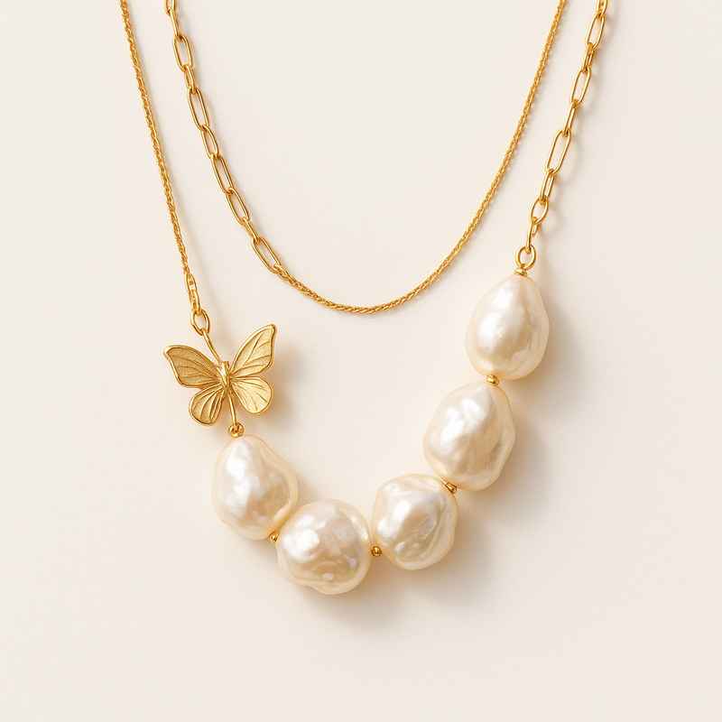 Sustainable Baroque Pearl Necklace with Butterfly Accent Gold Chain 3 Sustainable Baroque Pearl Necklace with Butterfly Accent Gold Chain