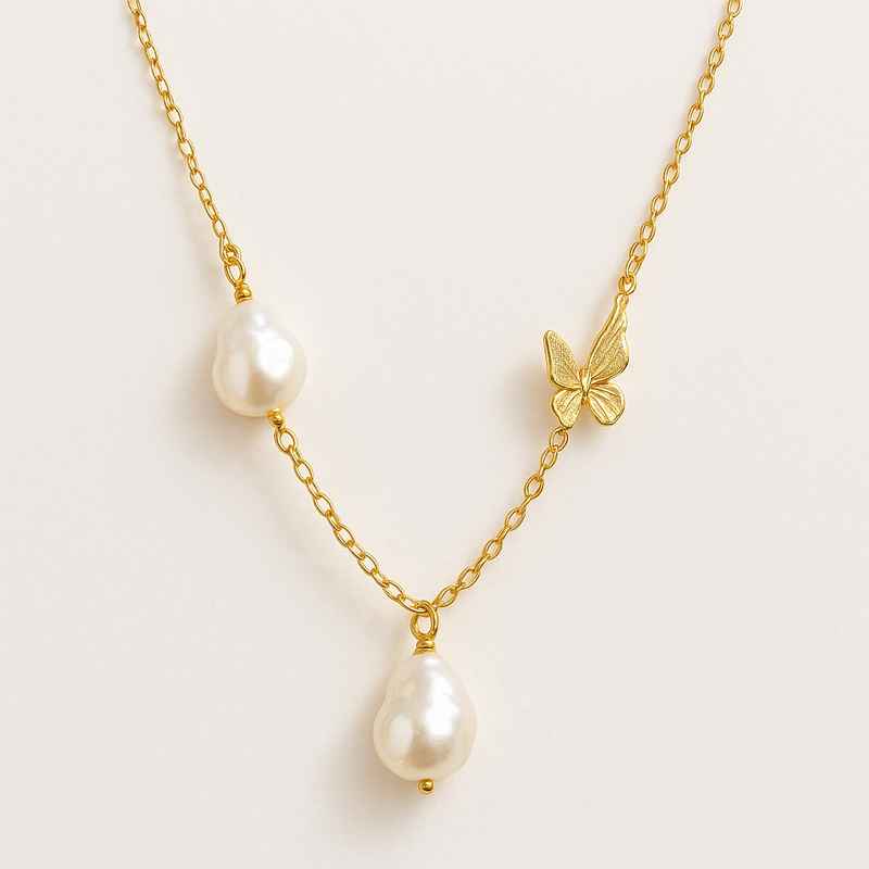 Sustainable Baroque Pearl Necklace with Butterfly Accent Gold Necklace 1 Sustainable Baroque Pearl Necklace with Butterfly Accent Gold Necklace