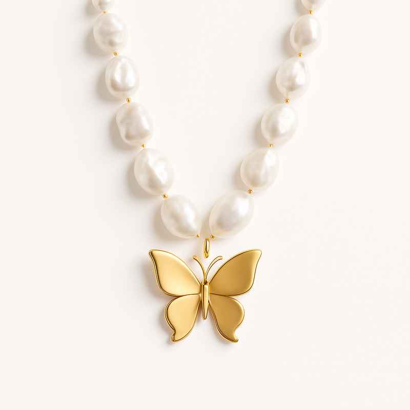 Sustainable Baroque Pearl Necklace with 14k Gold Plated Butterfly 3 Sustainable Baroque Pearl Necklace with 14k Gold Plated Butterfly