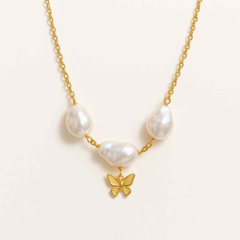 Sustainable Baroque Pearl Necklace with Butterfly Accent Gold Chain Necklace 2 Sustainable Baroque Pearl Necklace with Butterfly Accent Gold Chain Necklace