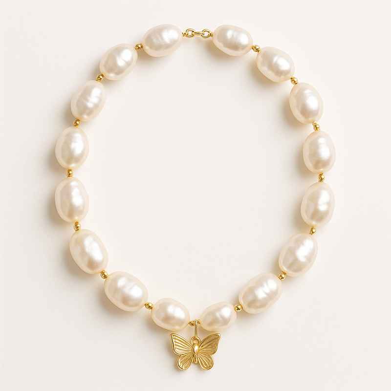 Sustainable Baroque Pearl Necklace with 14k Gold Plated Butterfly Accents 2 Sustainable Baroque Pearl Necklace with 14k Gold Plated Butterfly Accents