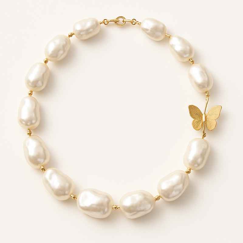 Sustainable Baroque Pearl Necklace with Butterfly Accent 14k Gold Necklace 1 Sustainable Baroque Pearl Necklace with Butterfly Accent 14k Gold Necklace