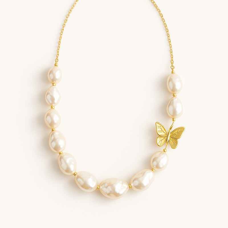 Sustainable Baroque Pearl Necklace with 14k Gold Plated Layering and Butterfly Accent Jewelry 2 Sustainable Baroque Pearl Necklace with 14k Gold Plated Layering and Butterfly Accent Jewelry