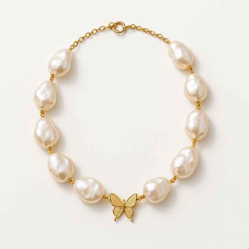 Sustainable Baroque Pearl Necklace with Butterfly Accent Gold Plated Necklace 2 Sustainable Baroque Pearl Necklace with Butterfly Accent Gold Plated Necklace