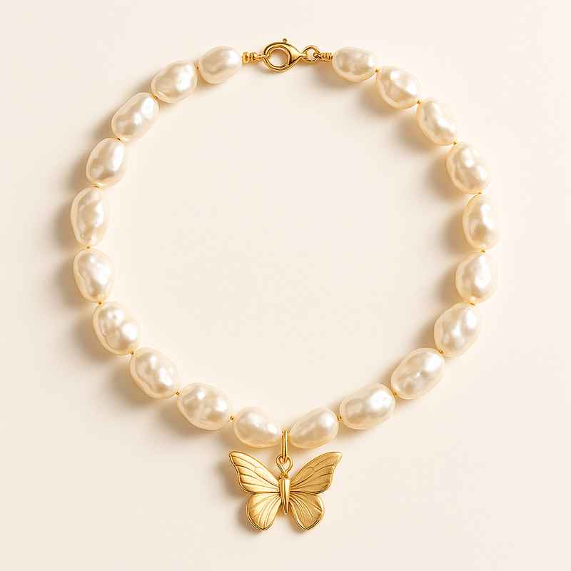 Sustainable Baroque Pearl Necklace with 14k Gold Plated Butterfly Accents 1 Sustainable Baroque Pearl Necklace with 14k Gold Plated Butterfly Accents