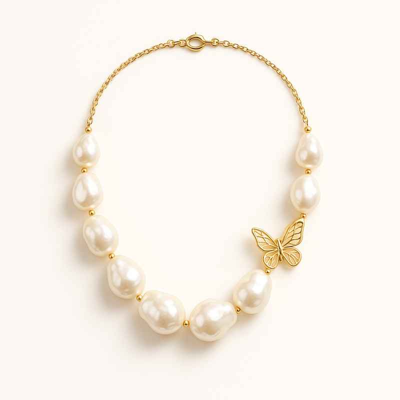 Sustainable Baroque Pearl Necklace with Butterfly Accent Gold Necklace 2 Sustainable Baroque Pearl Necklace with Butterfly Accent Gold Necklace