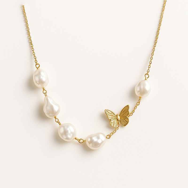 Sustainable Baroque Pearl Necklace with Butterfly Accent 14k Gold Necklace 2 Sustainable Baroque Pearl Necklace with Butterfly Accent 14k Gold Necklace