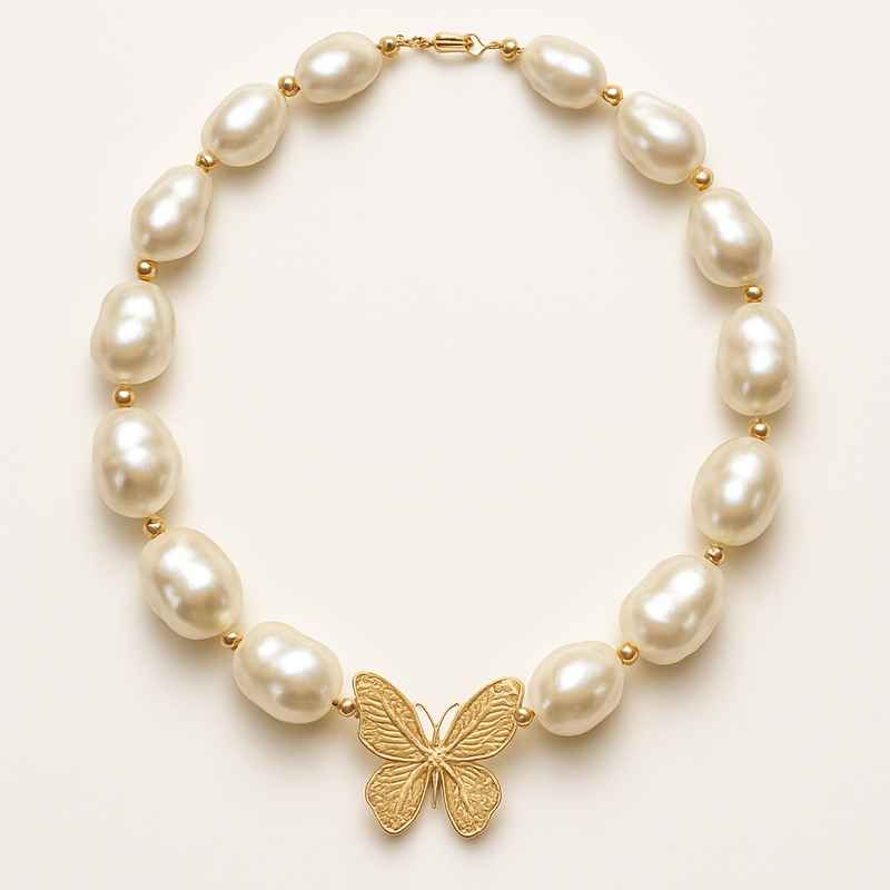 Sustainable Baroque Pearl Necklace with Butterfly Accent Gold Necklace 1 Sustainable Baroque Pearl Necklace with Butterfly Accent Gold Necklace