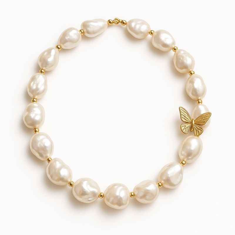 Sustainable Baroque Pearl Necklace with 14K Gold Plated Butterfly Accent 2 Sustainable Baroque Pearl Necklace with 14K Gold Plated Butterfly Accent