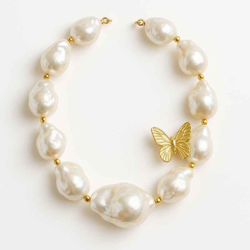 Sustainable Baroque Pearl Necklace with Butterfly Accent Gold Necklace 2 Sustainable Baroque Pearl Necklace with Butterfly Accent Gold Necklace