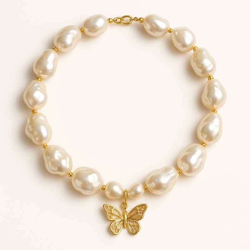 Sustainable Baroque Pearl Necklace with 14k Gold Plated Butterfly 2 Sustainable Baroque Pearl Necklace with 14k Gold Plated Butterfly