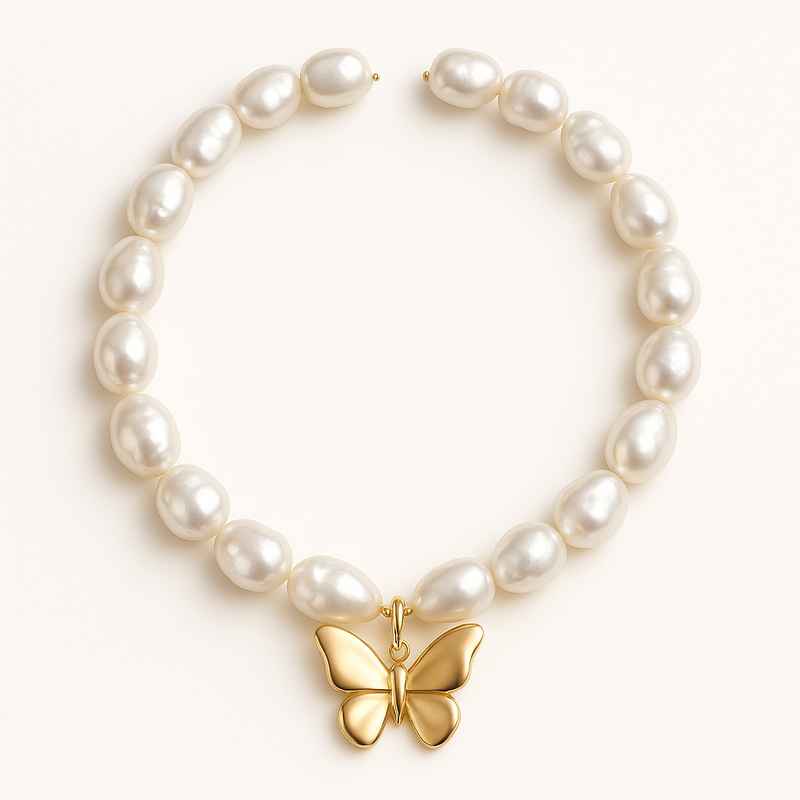 Sustainable Baroque Pearl Necklace with 14k Gold Plated Butterfly Accent 1 Sustainable Baroque Pearl Necklace with 14k Gold Plated Butterfly Accent