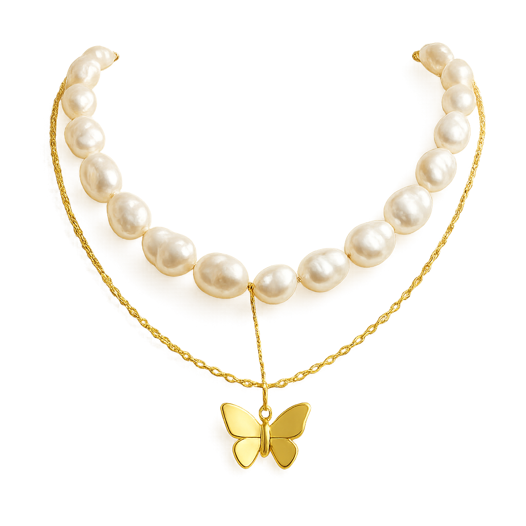 Sustainable Baroque Pearl Necklace with Butterfly Gold Layering Necklace 2 Sustainable Baroque Pearl Necklace with Butterfly Gold Layering Necklace
