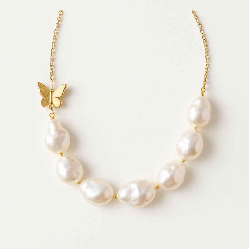Sustainable Baroque Pearl Necklace with Butterfly Accent Gold Necklace 2 Sustainable Baroque Pearl Necklace with Butterfly Accent Gold Necklace
