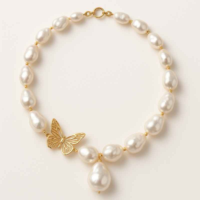 Sustainable Baroque Pearl Necklace with Butterfly Accent Gold Necklace 2 Sustainable Baroque Pearl Necklace with Butterfly Accent Gold Necklace