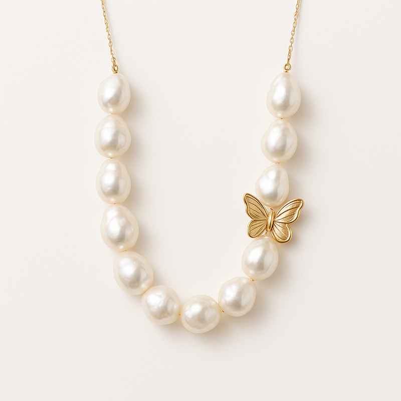 Sustainable Baroque Pearl Necklace with Butterfly Accent 14k Gold 2 Sustainable Baroque Pearl Necklace with Butterfly Accent 14k Gold