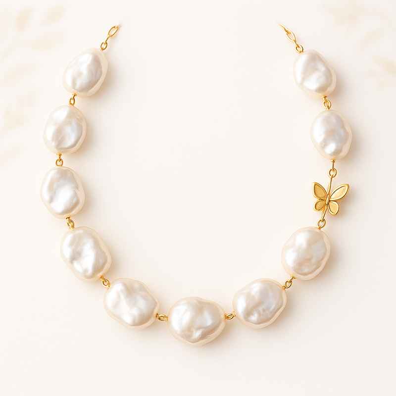 Sustainable Baroque Pearl Necklace with Butterfly Accent, 14K Gold Plated 2 Sustainable Baroque Pearl Necklace with Butterfly Accent, 14K Gold Plated