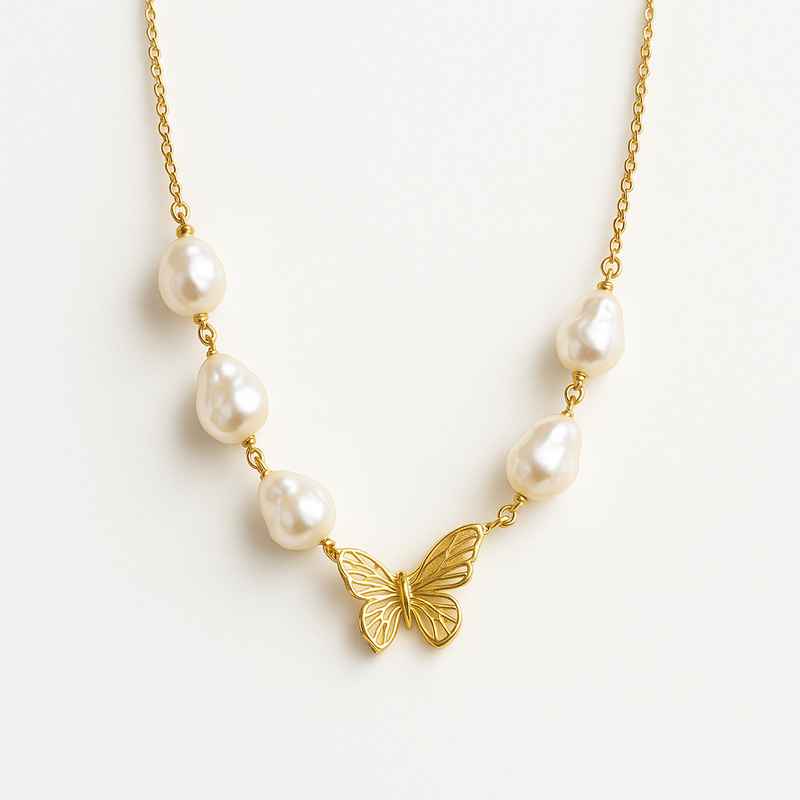 Sustainable Baroque Pearl Necklace with 14K Gold Plated Butterfly Accent 2 Sustainable Baroque Pearl Necklace with 14K Gold Plated Butterfly Accent