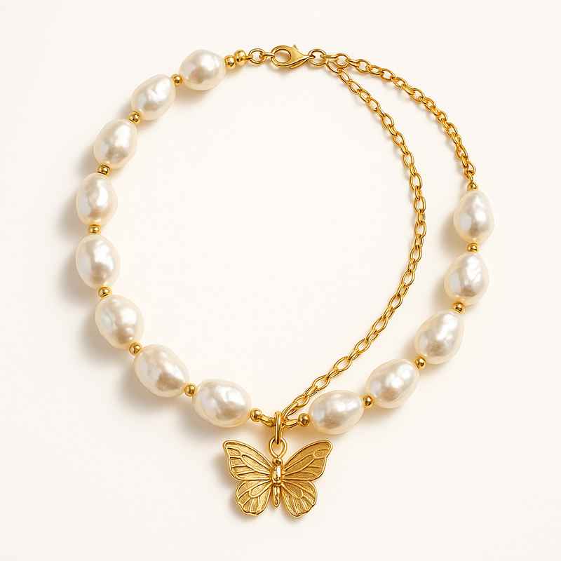 Sustainable Baroque Pearl Necklace with Butterfly Accent Gold Layering, 14k Gold Plated Pearl Chain Necklace 2 Sustainable Baroque Pearl Necklace with Butterfly Accent Gold Layering, 14k Gold Plated Pearl Chain Necklace