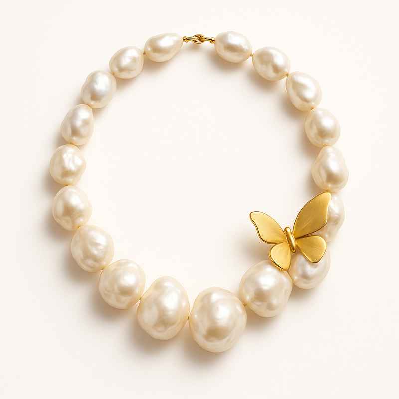 Sustainable Baroque Pearl Necklace with Butterfly Accent Gold Necklace 2 Sustainable Baroque Pearl Necklace with Butterfly Accent Gold Necklace