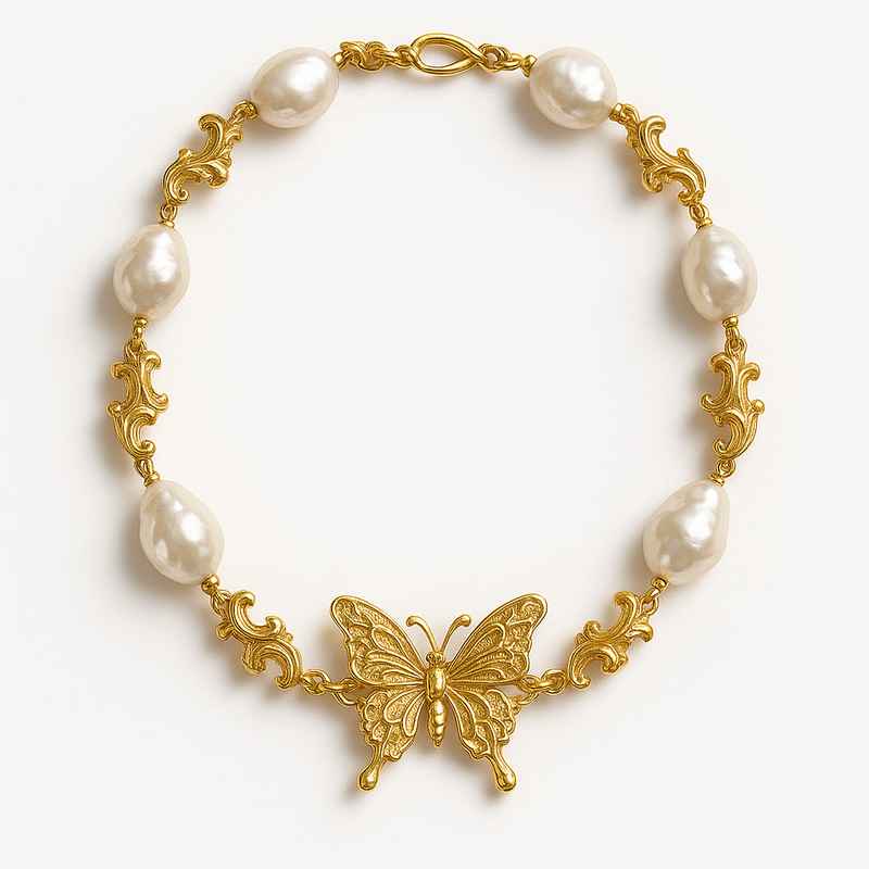Sustainable Baroque Pearl Necklace with Butterfly Accent Gold Necklace 1 Sustainable Baroque Pearl Necklace with Butterfly Accent Gold Necklace