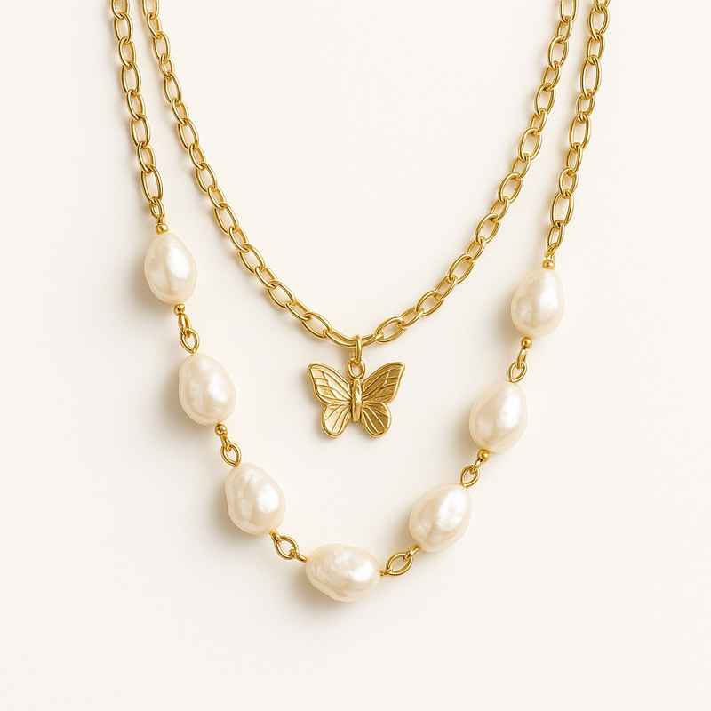 Sustainable Baroque Pearl Necklace with Butterfly Accent Gold Necklace 2 Sustainable Baroque Pearl Necklace with Butterfly Accent Gold Necklace