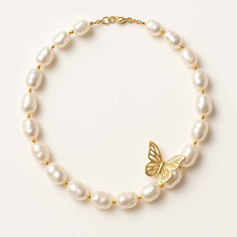 Sustainable Baroque Pearl Necklace with Butterfly Accent Gold Layering Necklace 1 Sustainable Baroque Pearl Necklace with Butterfly Accent Gold Layering Necklace