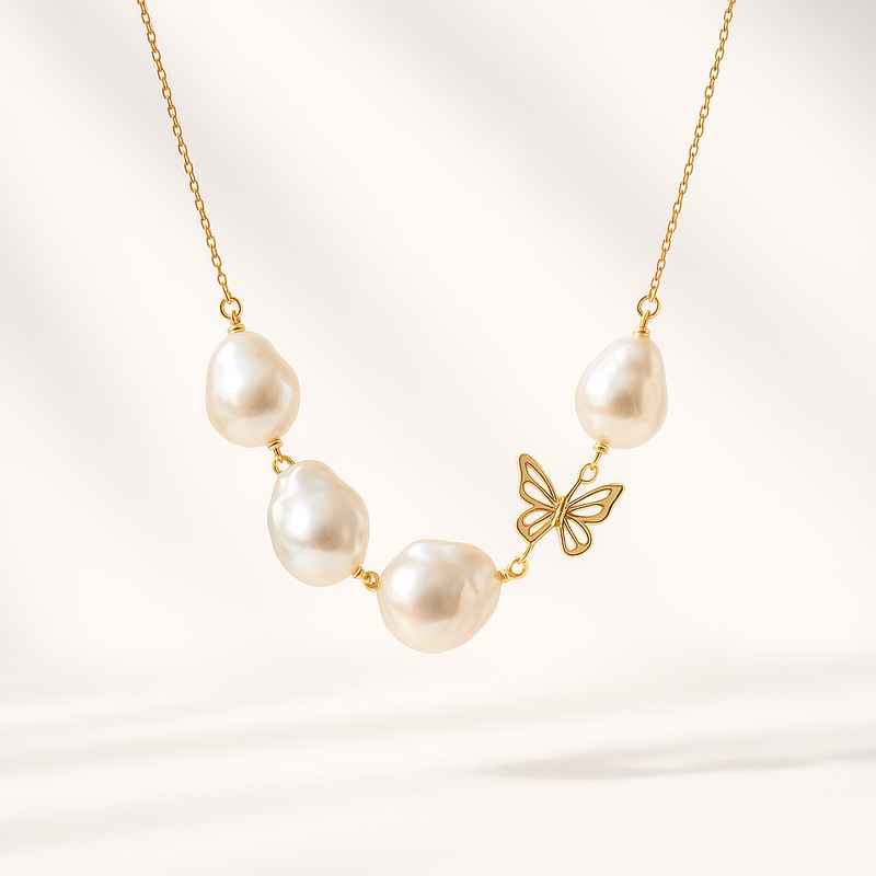 Sustainable Baroque Pearl Necklace with Butterfly Accent 14k Gold Necklace 1 Sustainable Baroque Pearl Necklace with Butterfly Accent 14k Gold Necklace