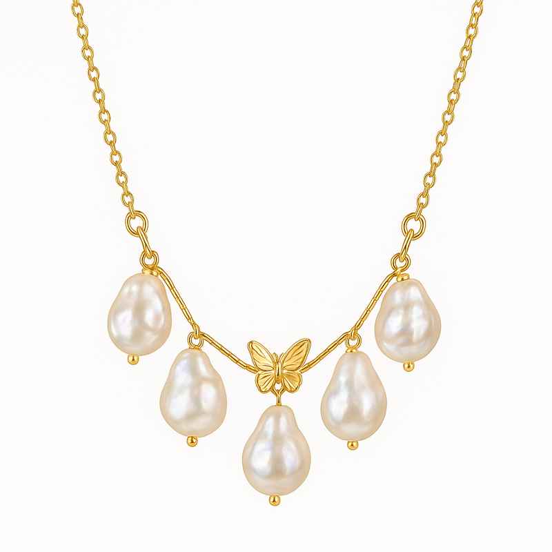 Sustainable Baroque Pearl Necklace with Butterfly Accent Gold Chain 1 Sustainable Baroque Pearl Necklace with Butterfly Accent Gold Chain