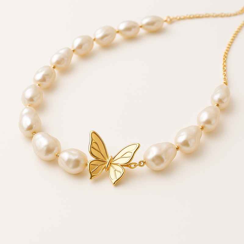 Sustainable Baroque Pearl Necklace with Butterfly Accent 14K Gold Layering Necklace 2 Sustainable Baroque Pearl Necklace with Butterfly Accent 14K Gold Layering Necklace
