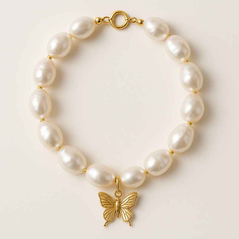 Sustainable Baroque Pearl Necklace with 14k Gold Plated Butterfly Accent 1 Sustainable Baroque Pearl Necklace with 14k Gold Plated Butterfly Accent