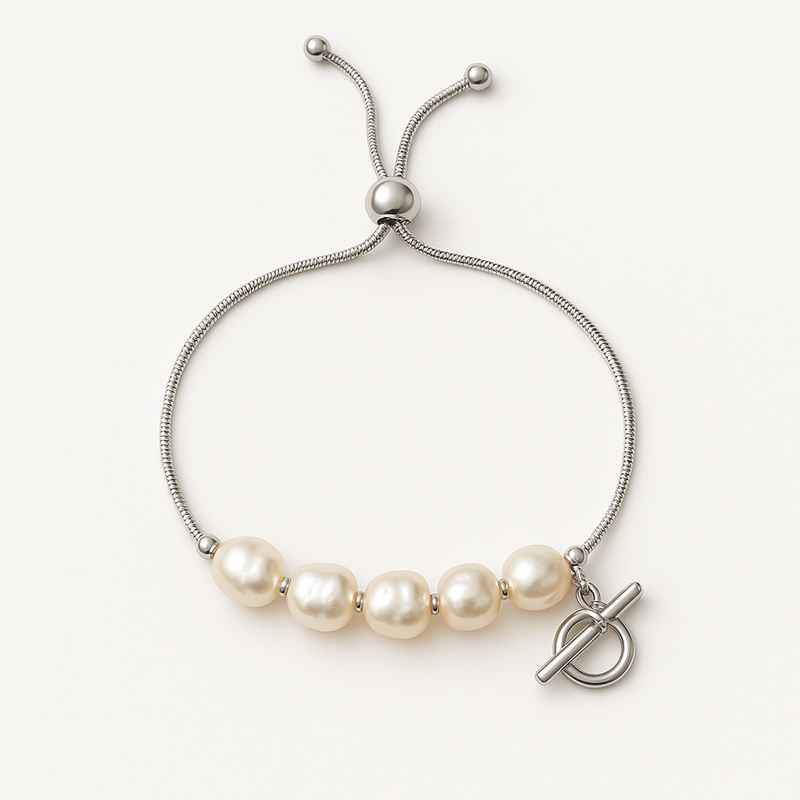 Dainty Baroque Pearl Bracelet, Adjustable Stainless Steel Bracelet with Toggle Closure