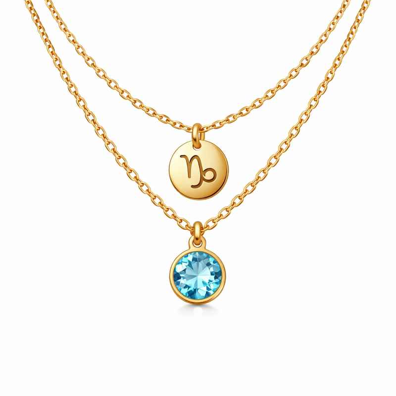 Custom Zodiac Birthstone Pendant Necklace, Gold Plated Stainless Steel Layering Necklace 2 Custom Zodiac Birthstone Pendant Necklace, Gold Plated Stainless Steel Layering Necklace