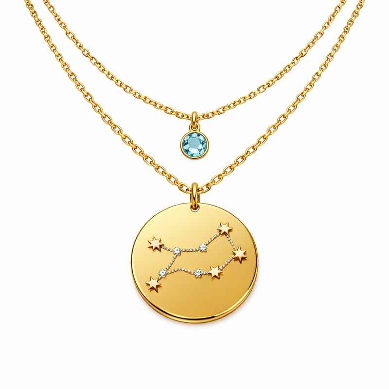Custom Zodiac Birthstone Pendant Necklace, Gold Plated Zodiac Constellation Necklace, Stainless Steel Layered Birthstone Necklace 2 Custom Zodiac Birthstone Pendant Necklace, Gold Plated Zodiac Constellation Necklace, Stainless Steel Layered Birthstone Necklace