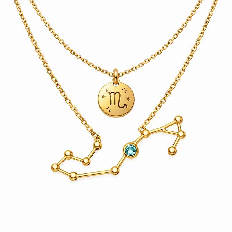 Custom Zodiac Pendant Necklace with Gold Plated Birthstone & Layered Constellation Design 1 Custom Zodiac Pendant Necklace with Gold Plated Birthstone & Layered Constellation Design