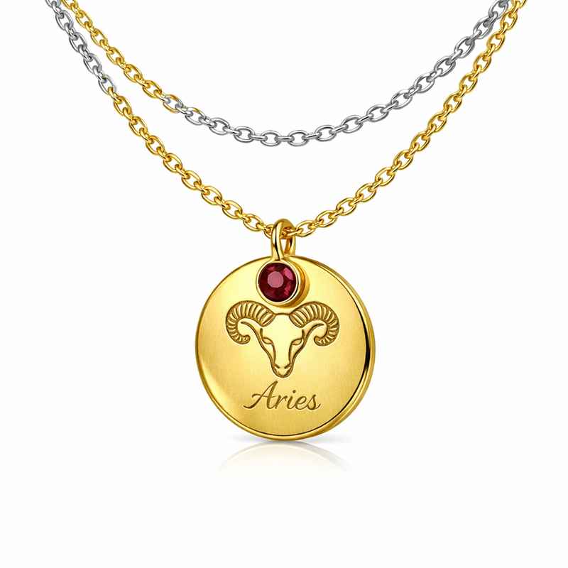 Custom Zodiac Pendant Necklace with Gold Plated Birthstone and Stainless Steel Layering Necklace 1 Custom Zodiac Pendant Necklace with Gold Plated Birthstone and Stainless Steel Layering Necklace