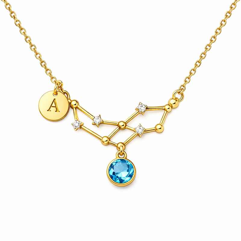 Custom Zodiac Birthstone Pendant Necklace, Gold Plated Constellation Necklace 1 Custom Zodiac Birthstone Pendant Necklace, Gold Plated Constellation Necklace