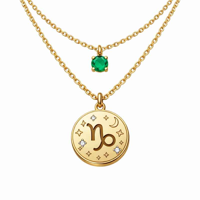 Custom Zodiac Pendant Necklace with Birthstone Layering Necklace, Gold Plated Stainless Steel 2 Custom Zodiac Pendant Necklace with Birthstone Layering Necklace, Gold Plated Stainless Steel