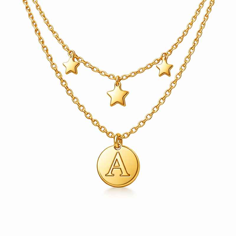 Waterproof Gold Plated Necklace with 18k Gold Initial Charm & Star Layering 2 Waterproof Gold Plated Necklace with 18k Gold Initial Charm & Star Layering