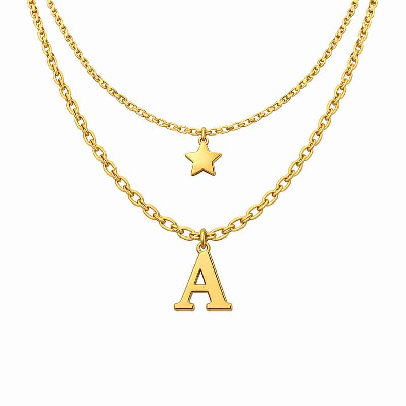 Waterproof 18k Gold Plated Necklace with Exquisite Initial Letter Charm Necklace and Star Charm Layering Stainless Steel Necklace 2 Waterproof 18k Gold Plated Necklace with Exquisite Initial Letter Charm Necklace and Star Charm Layering Stainless Steel Necklace