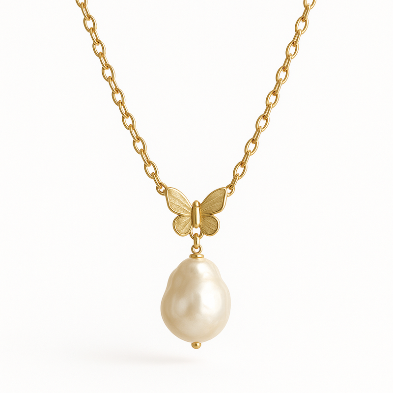 Sustainable Baroque Pearl Necklace with 14k Gold Plated Chain: Butterfly Accent Layering Necklace for Custom Jewelry Manufacturers